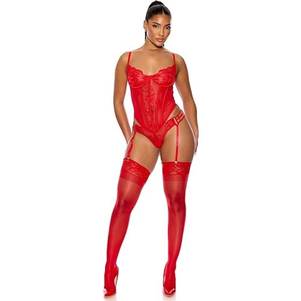 NWT Foreplay Women's Red Thirst Strap Strappy Lace Teddy Bodysuit Size Medium - Picture 3 of 8